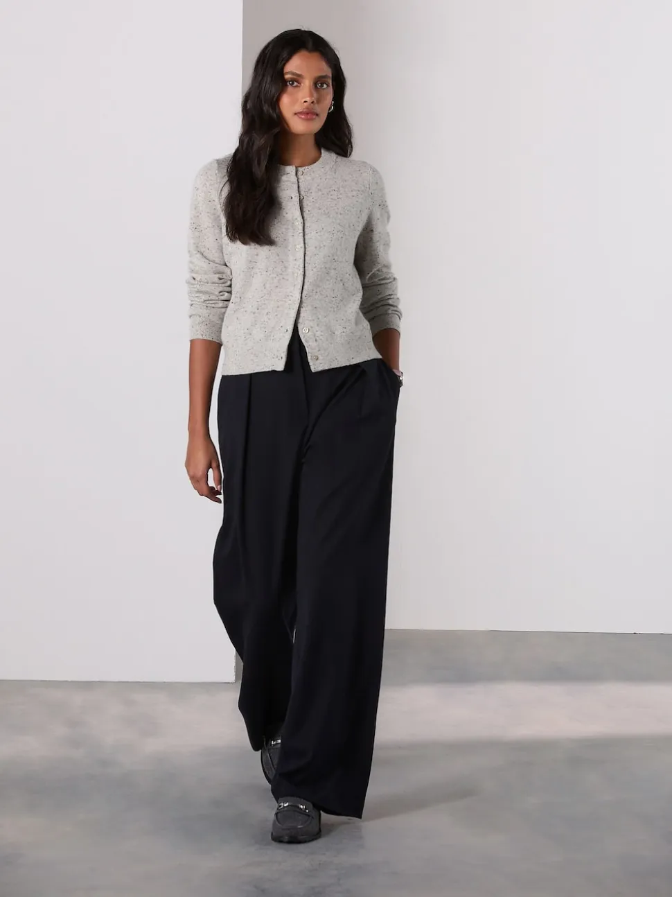 Navy Elastic Back Wide Leg Trousers With Wool
