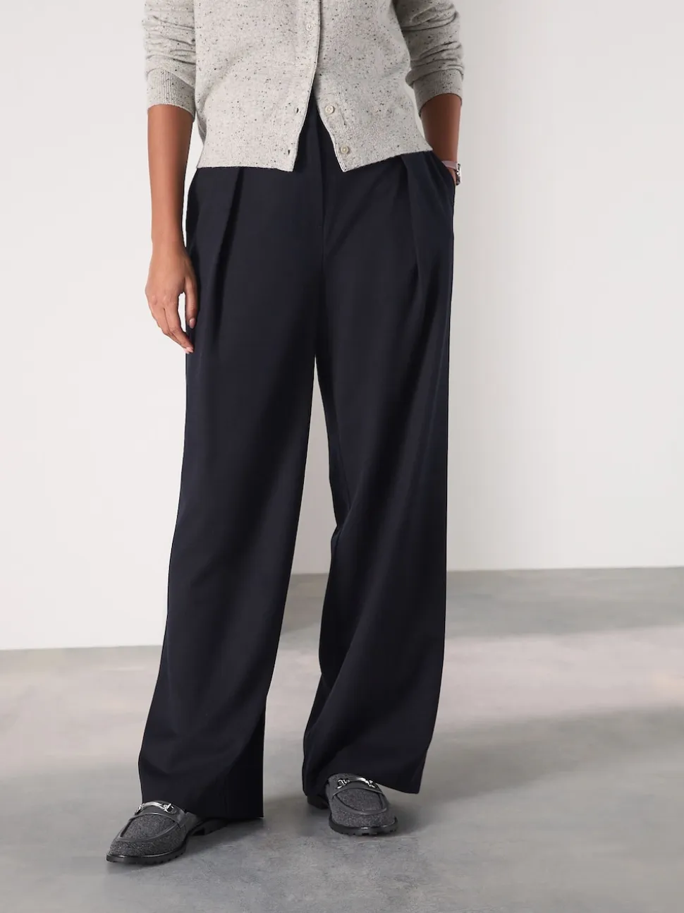 Navy Elastic Back Wide Leg Trousers With Wool