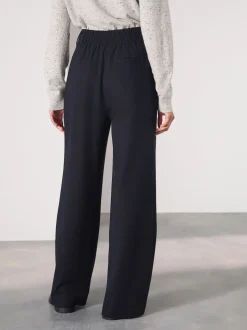 Navy Elastic Back Wide Leg Trousers With Wool