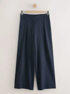 Navy Elastic Back Wide Leg Trousers With Wool