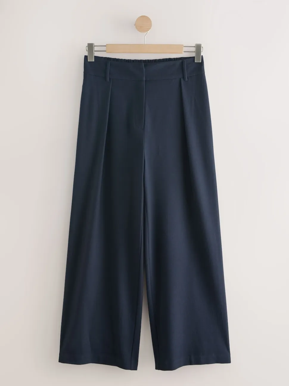 Navy Elastic Back Wide Leg Trousers With Wool