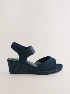 Navy Extra Wide Fit Round Toe Elastic Strap Detail Wedges