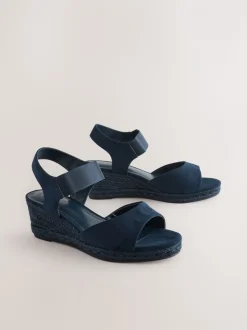 Navy Extra Wide Fit Round Toe Elastic Strap Detail Wedges
