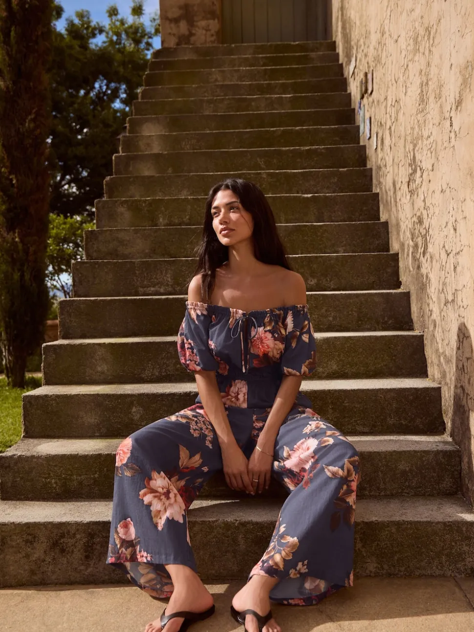 Navy Floral Off the Shoulder Jumpsuit
