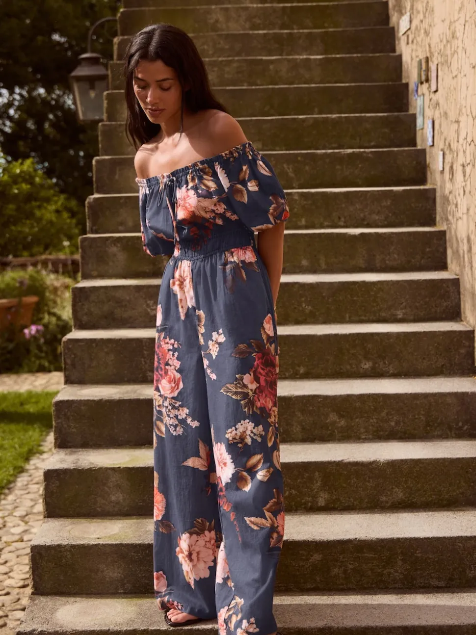 Navy Floral Off the Shoulder Jumpsuit