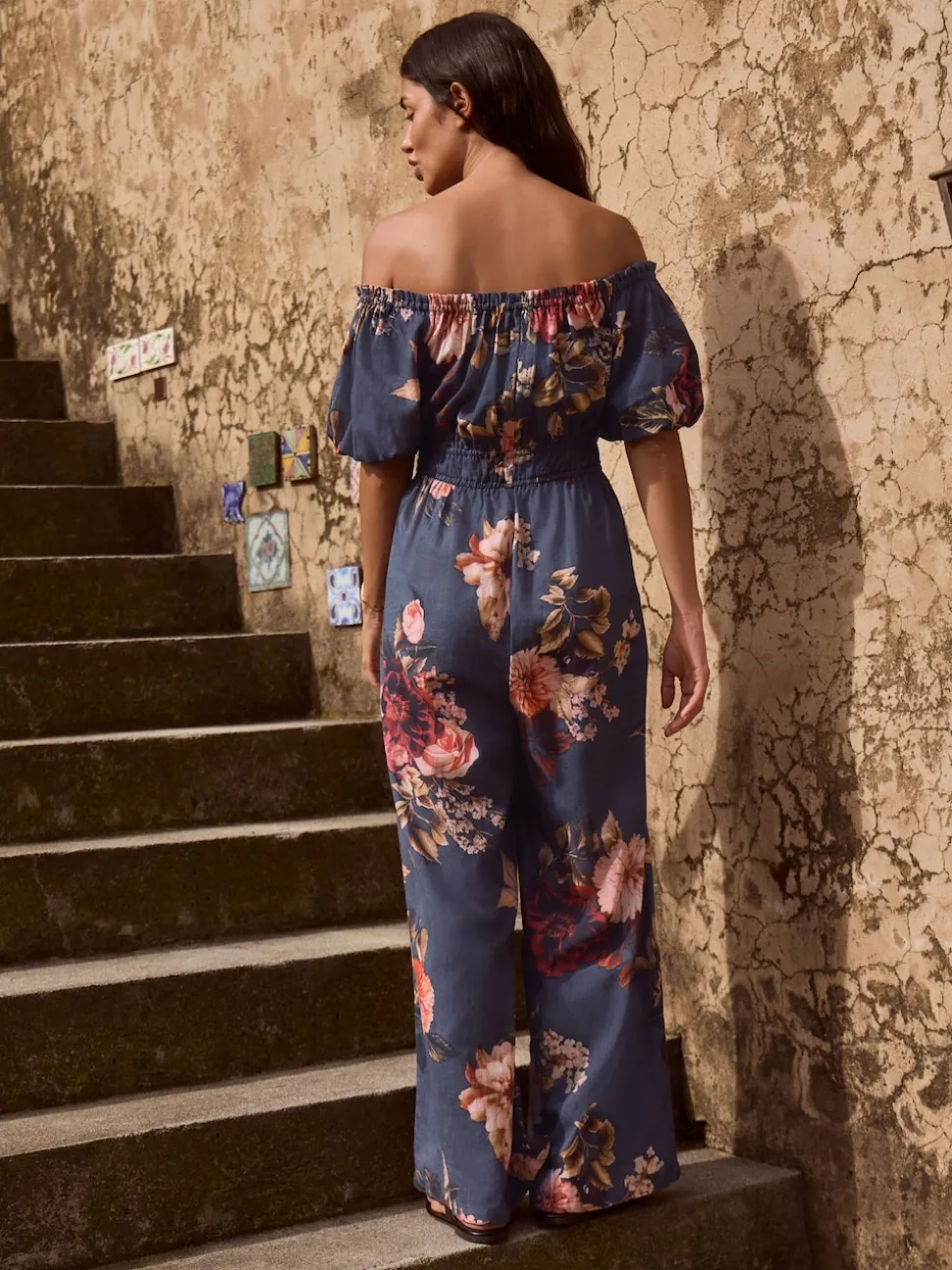 Navy Floral Off the Shoulder Jumpsuit