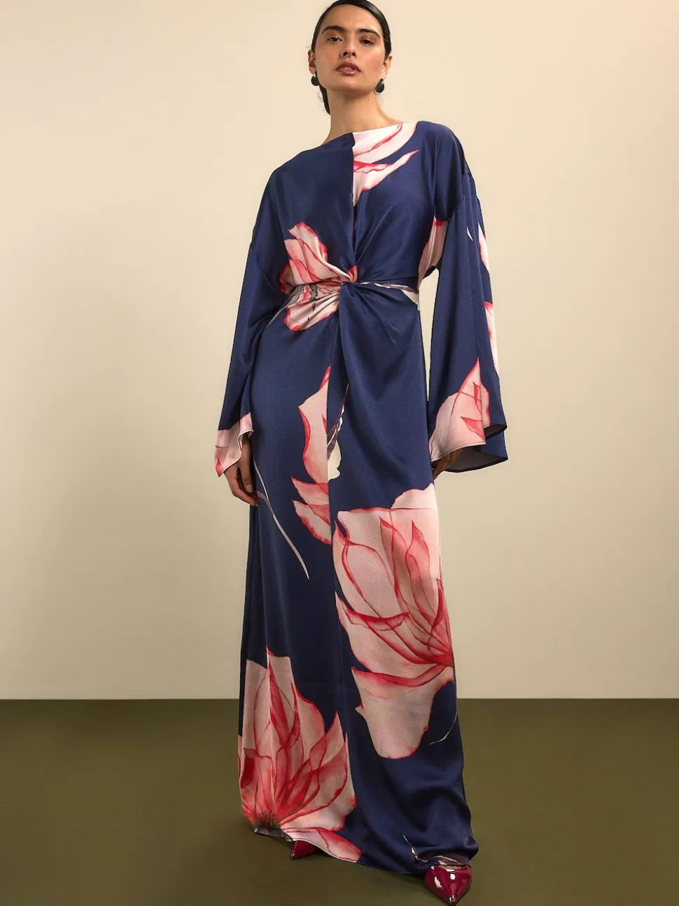 Navy Floral Twist Front Long Sleeve Satin Maxi Dress