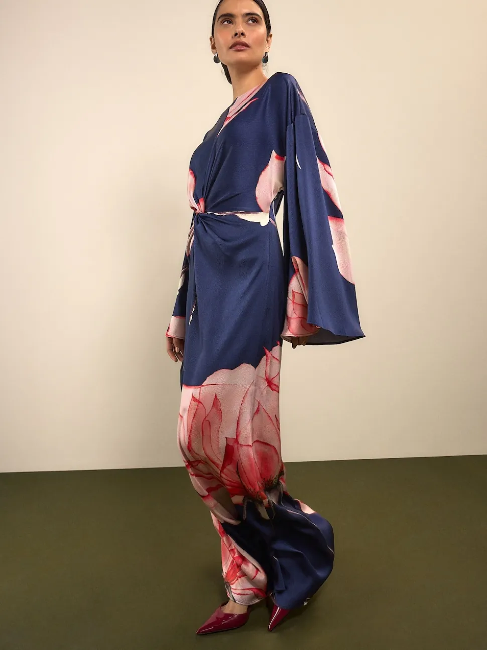 Navy Floral Twist Front Long Sleeve Satin Maxi Dress