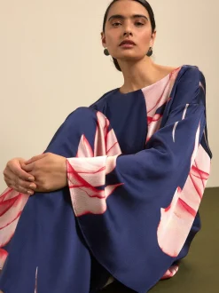 Navy Floral Twist Front Long Sleeve Satin Maxi Dress
