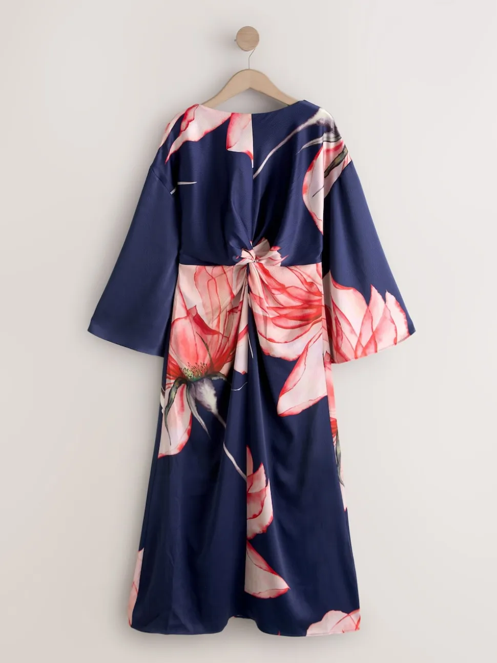 Navy Floral Twist Front Long Sleeve Satin Maxi Dress