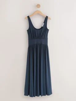 Navy Jersey Waisted Summer Midi Dress