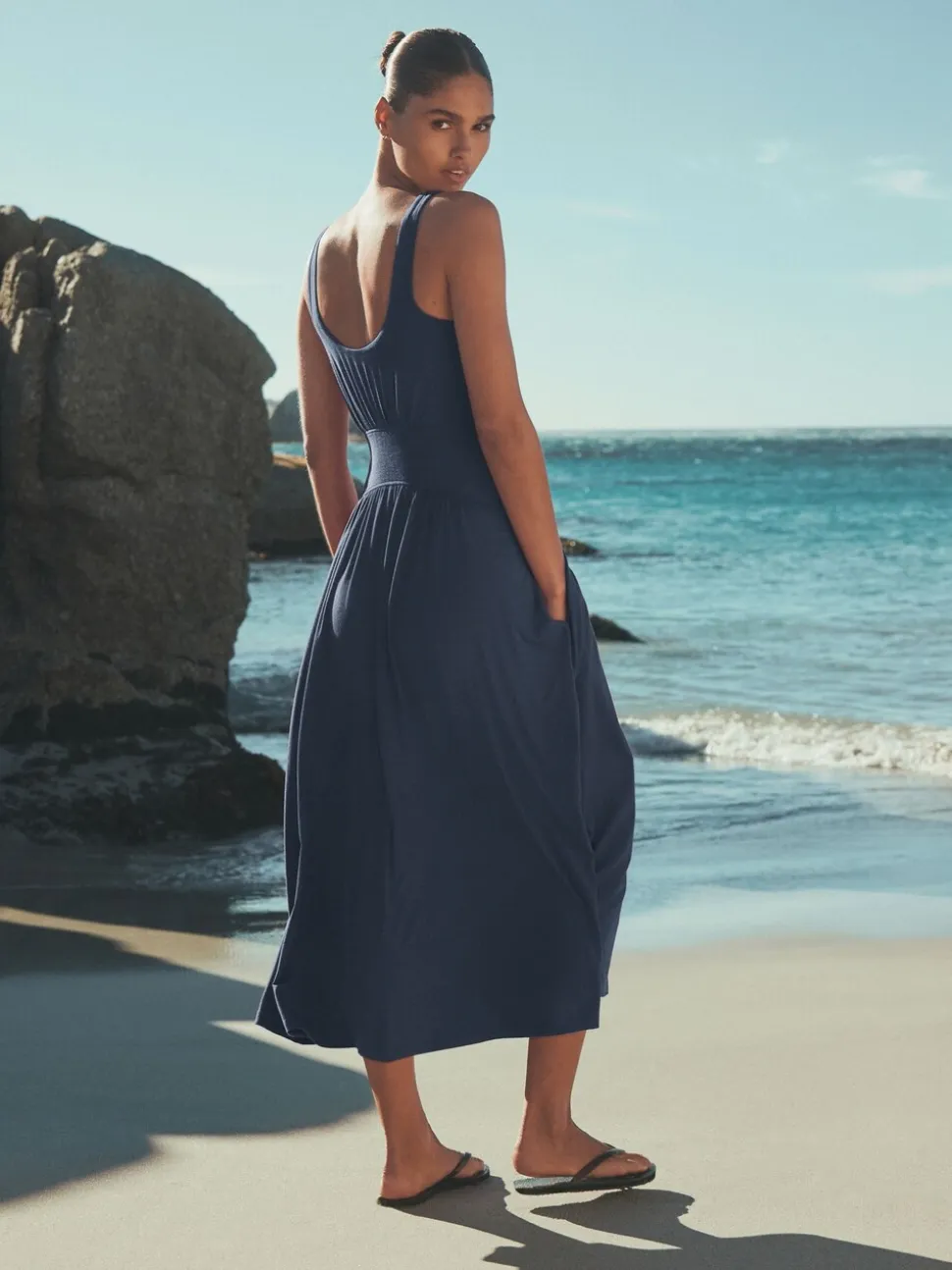 Navy Jersey Waisted Summer Midi Dress