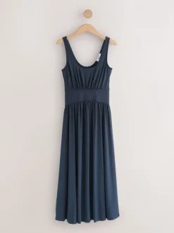 Navy Jersey Waisted Summer Midi Dress