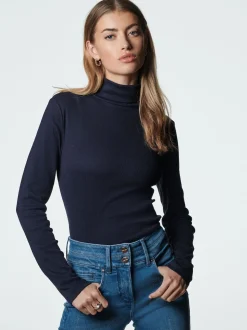 Navy Long Sleeve Ribbed Roll Neck Top