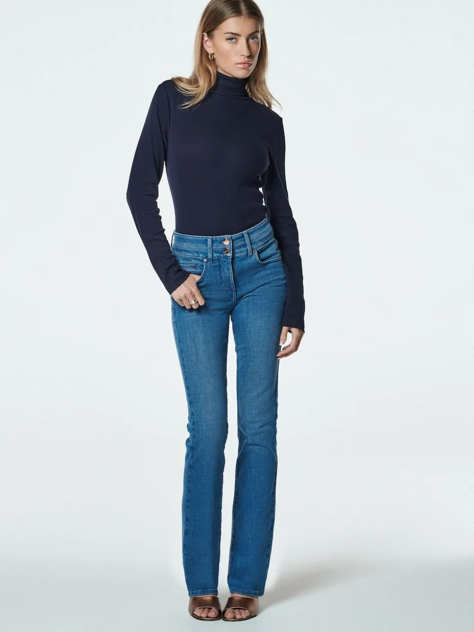 Navy Long Sleeve Ribbed Roll Neck Top