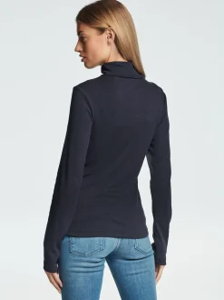 Navy Long Sleeve Ribbed Roll Neck Top