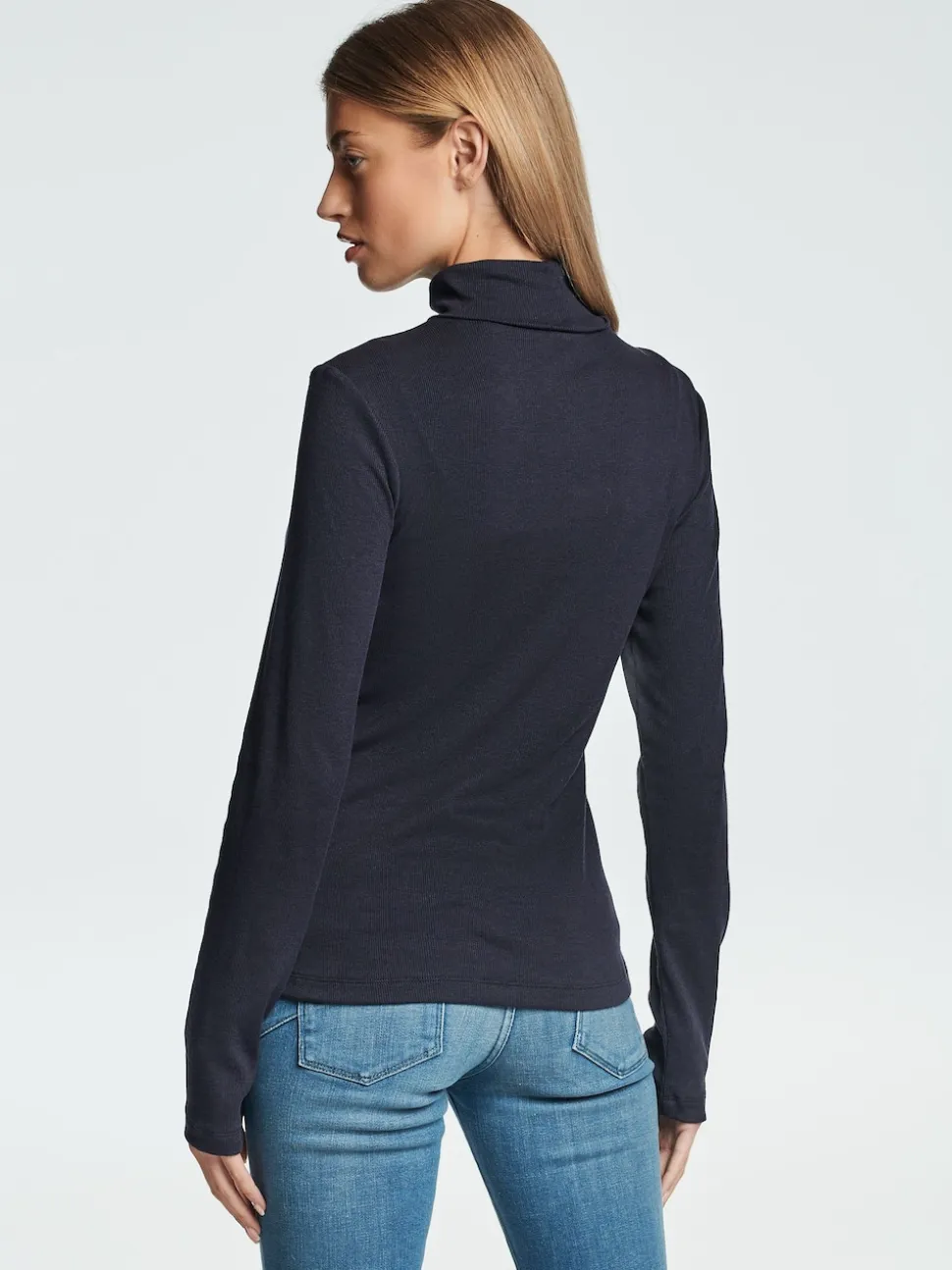 Navy Long Sleeve Ribbed Roll Neck Top