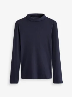 Navy Long Sleeve Ribbed Roll Neck Top