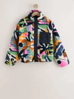 Navy Multi Graphic Floral Button Through Borg Jacket