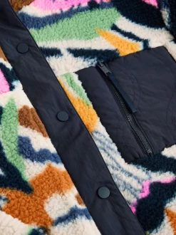 Navy Multi Graphic Floral Button Through Borg Jacket