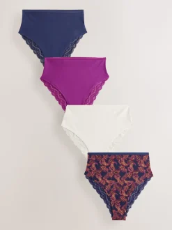 Navy Paisley High Rise High Leg Cotton Lace Knickers 4 Pack