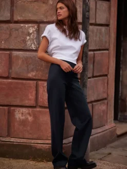 Navy Pinstripe Smoothing Ponte Jersey Wide Leg Trousers