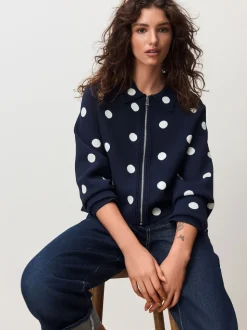 Navy Polka Dot Smart Knit Collared Zip-Up Jacket