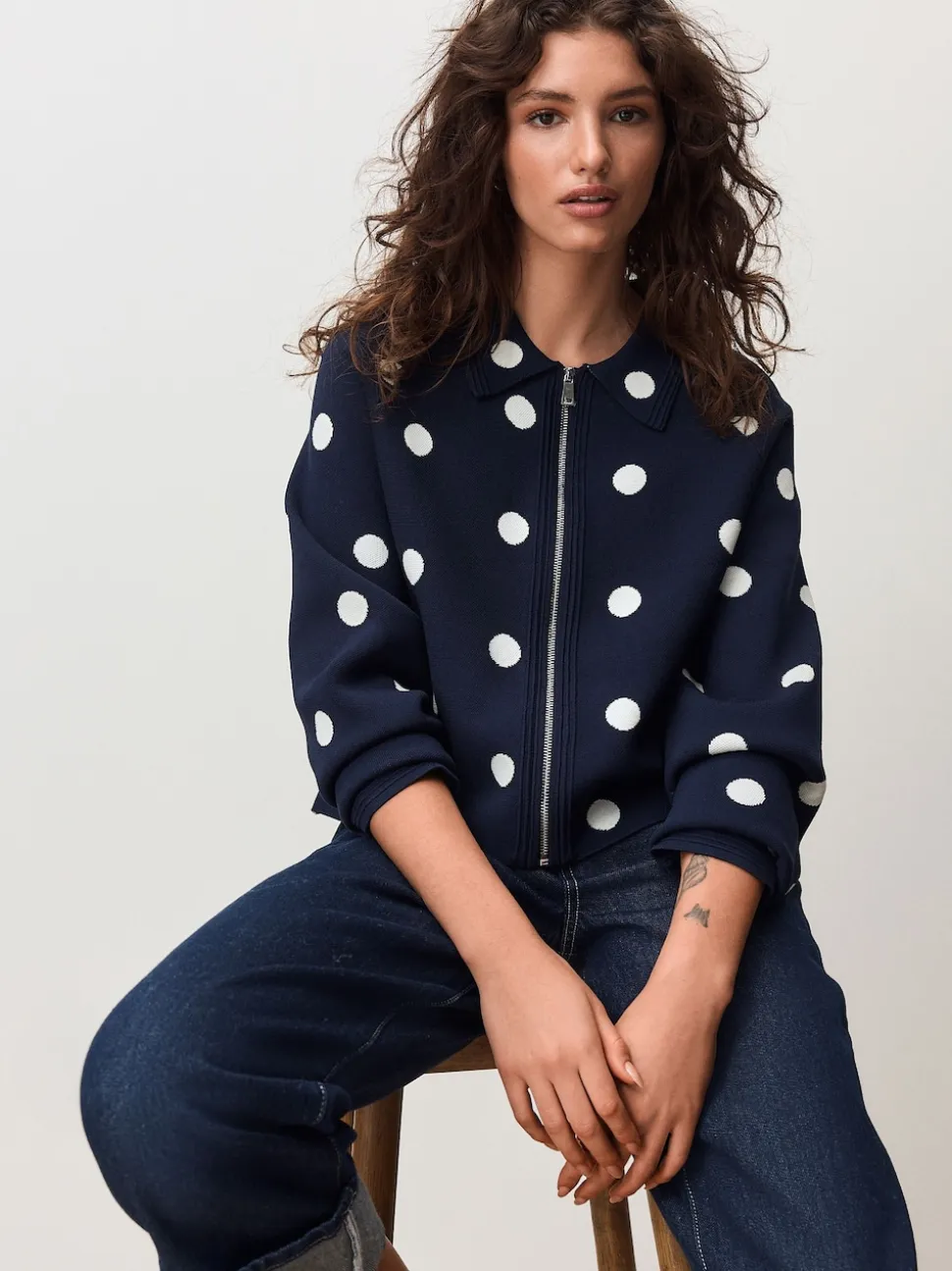 Navy Polka Dot Smart Knit Collared Zip-Up Jacket