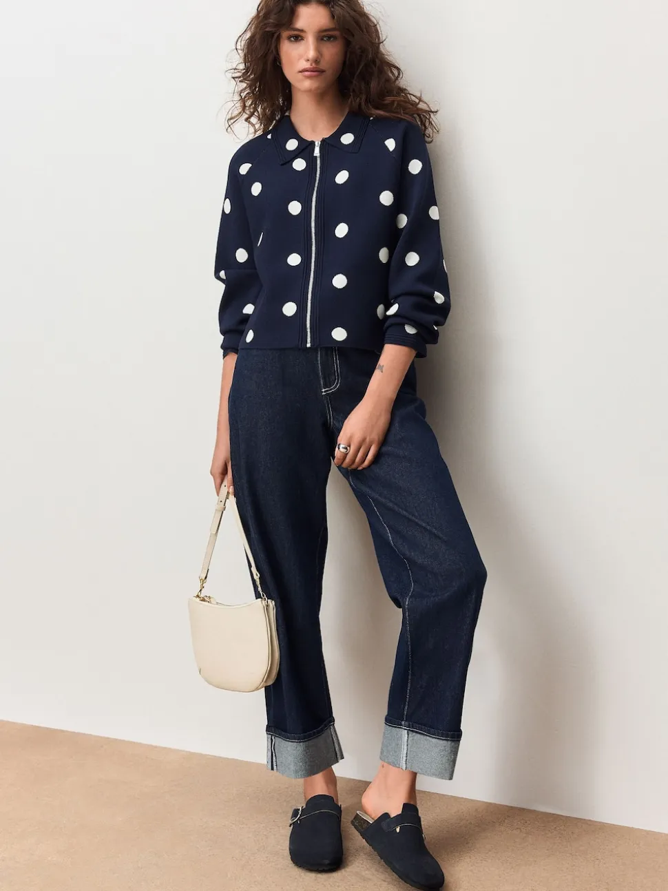 Navy Polka Dot Smart Knit Collared Zip-Up Jacket