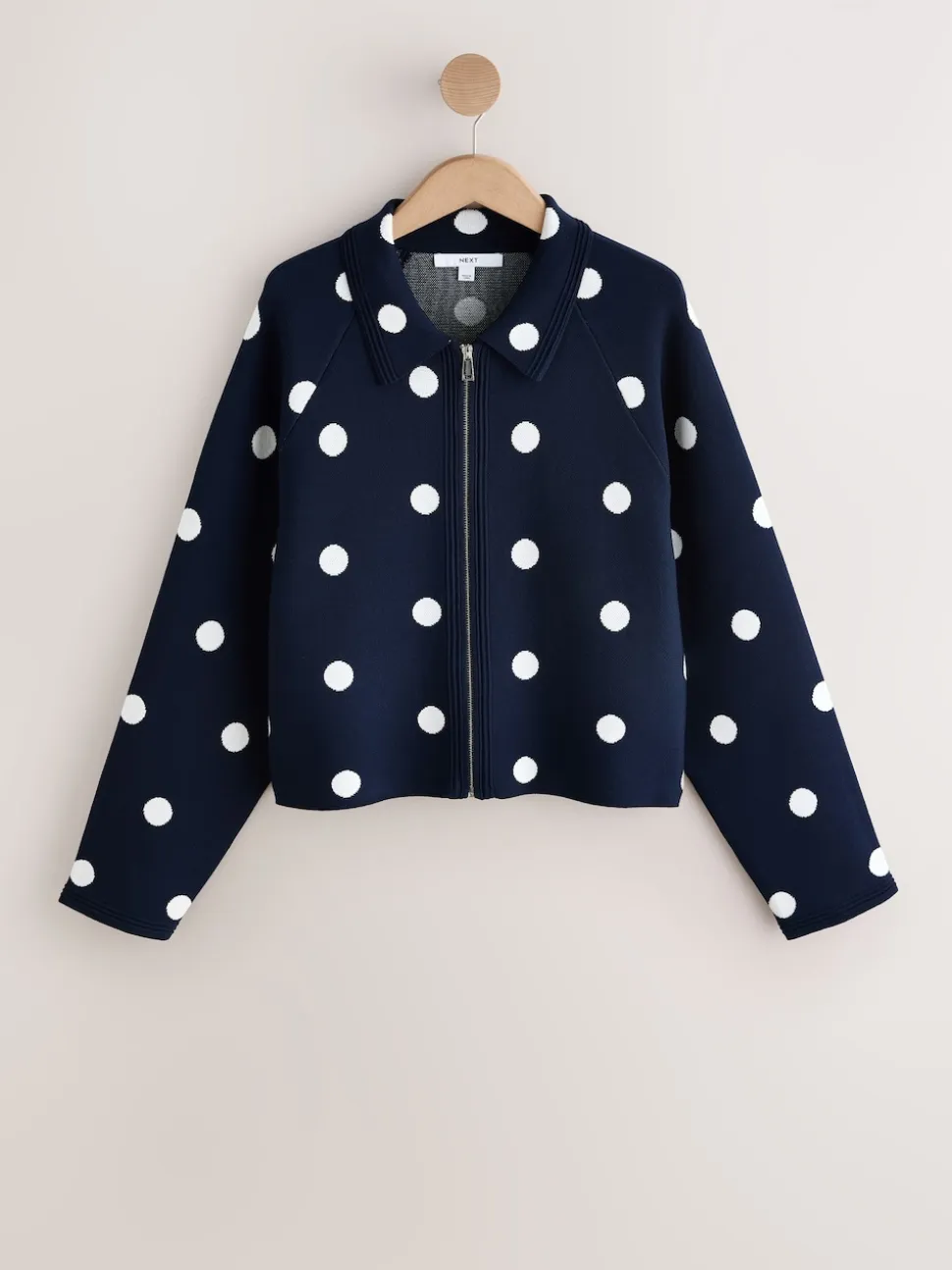 Navy Polka Dot Smart Knit Collared Zip-Up Jacket