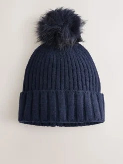 Navy Rib Knit Pom Hat