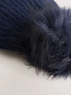 Navy Rib Knit Pom Hat