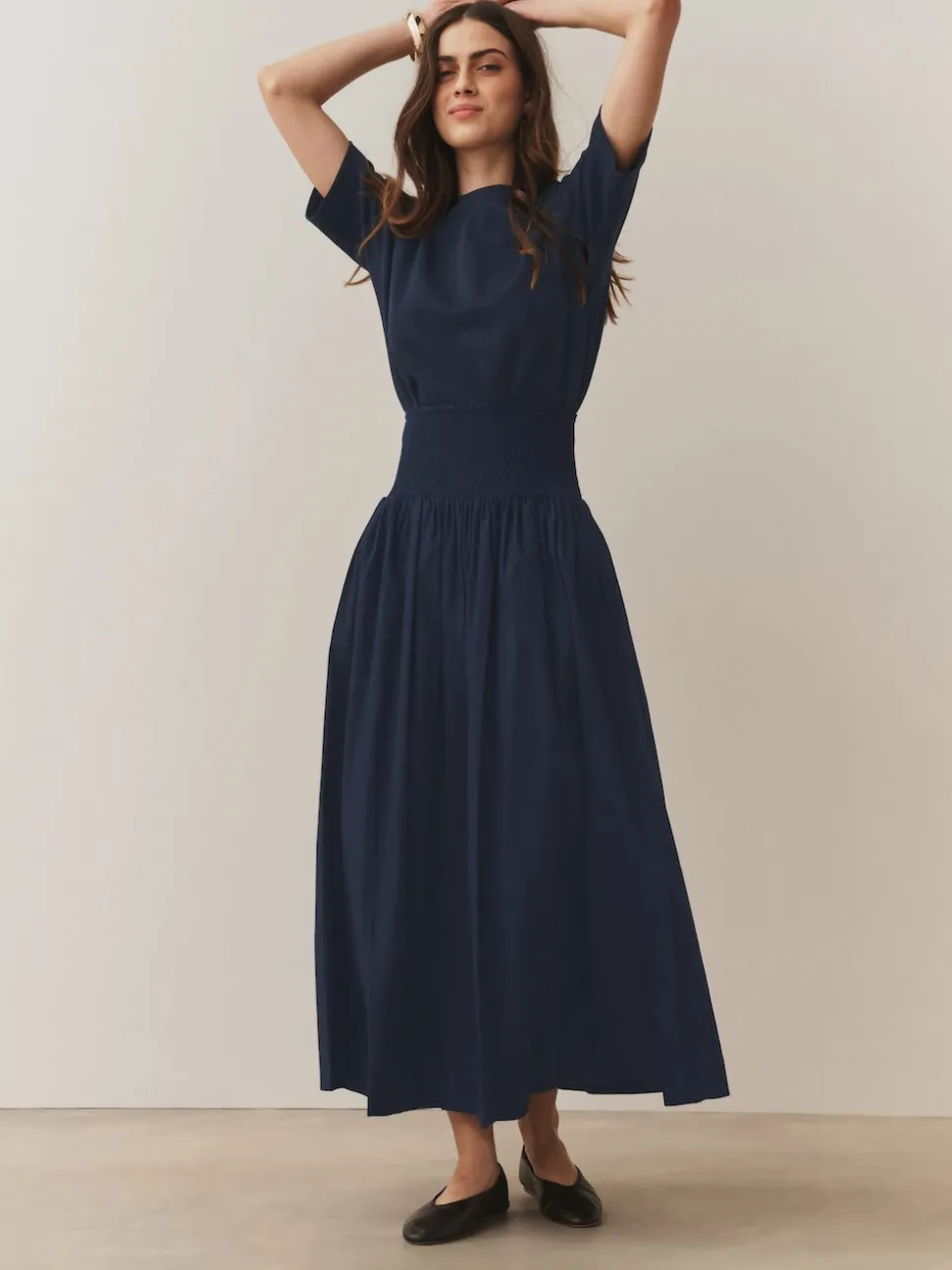 Navy Shirred Maxi Skirt