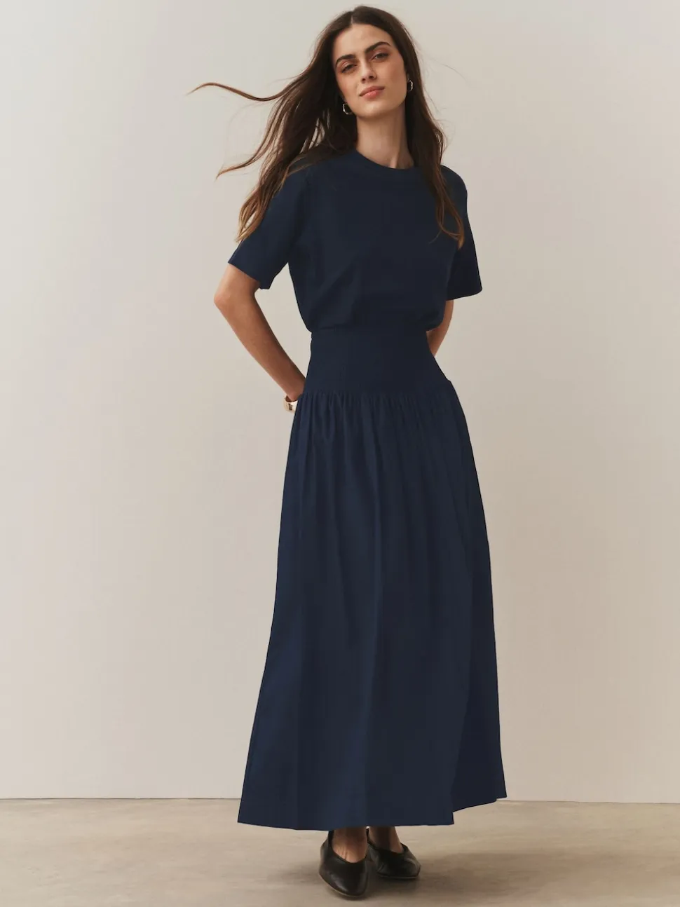 Navy Shirred Maxi Skirt