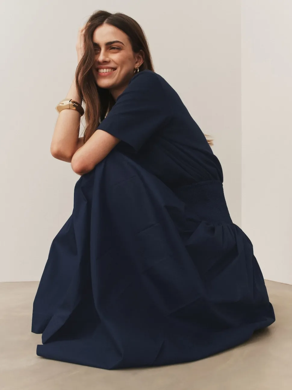 Navy Shirred Maxi Skirt
