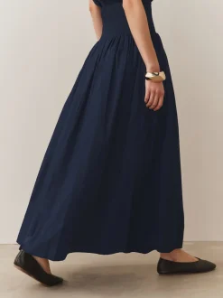 Navy Shirred Maxi Skirt