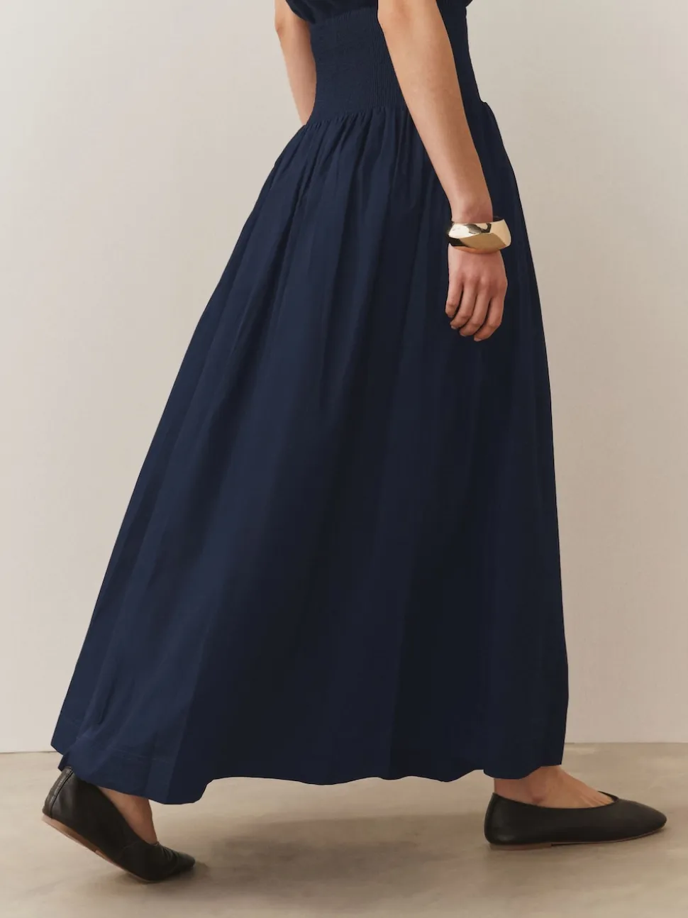 Navy Shirred Maxi Skirt