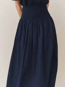 Navy Shirred Maxi Skirt