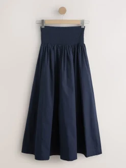 Navy Shirred Maxi Skirt