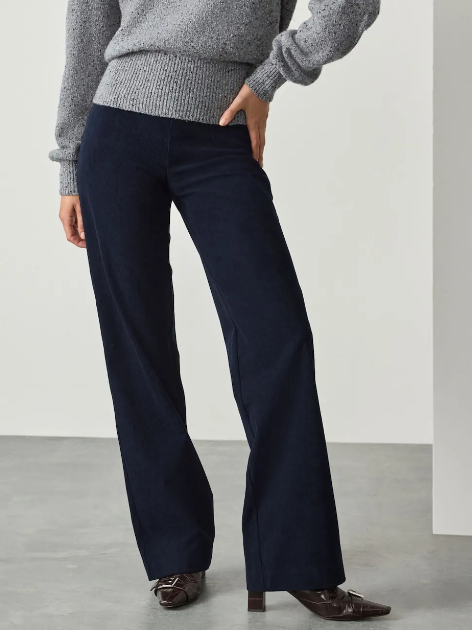 Navy Smoothing Cord Wide Leg Trousers