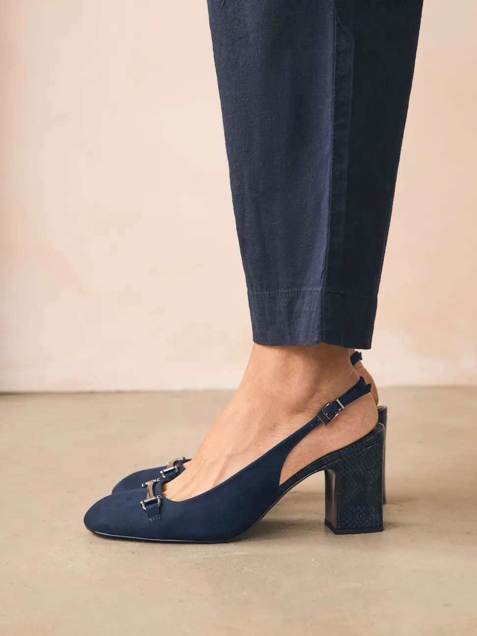 Navy Standard/Wide Fit Hardware Slingback Block Heels