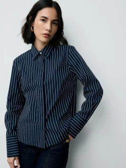 Navy Stripe Fitted Stretch Essential Long Sleeve Shirt