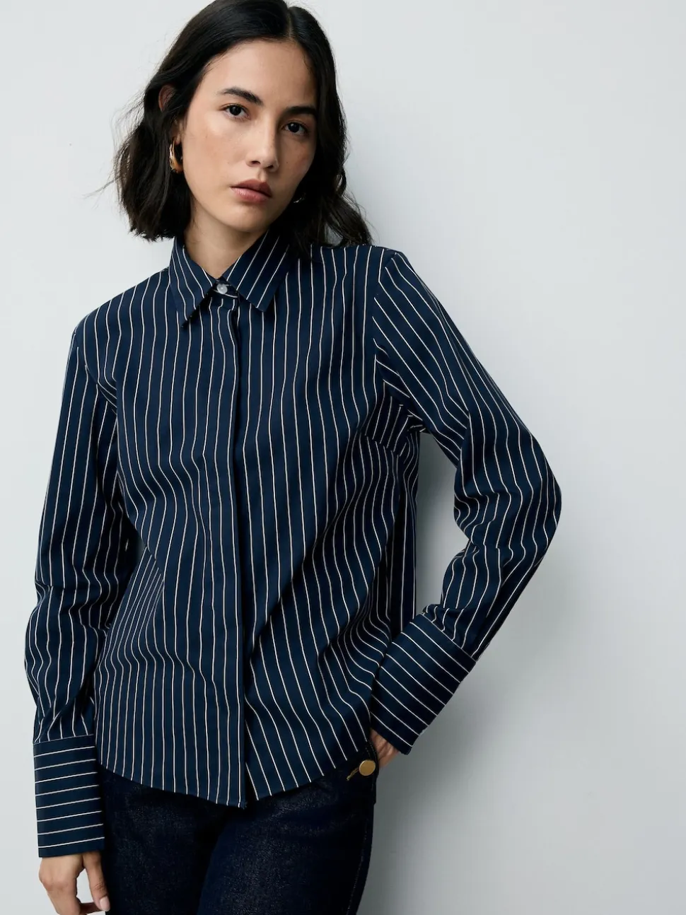 Navy Stripe Fitted Stretch Essential Long Sleeve Shirt