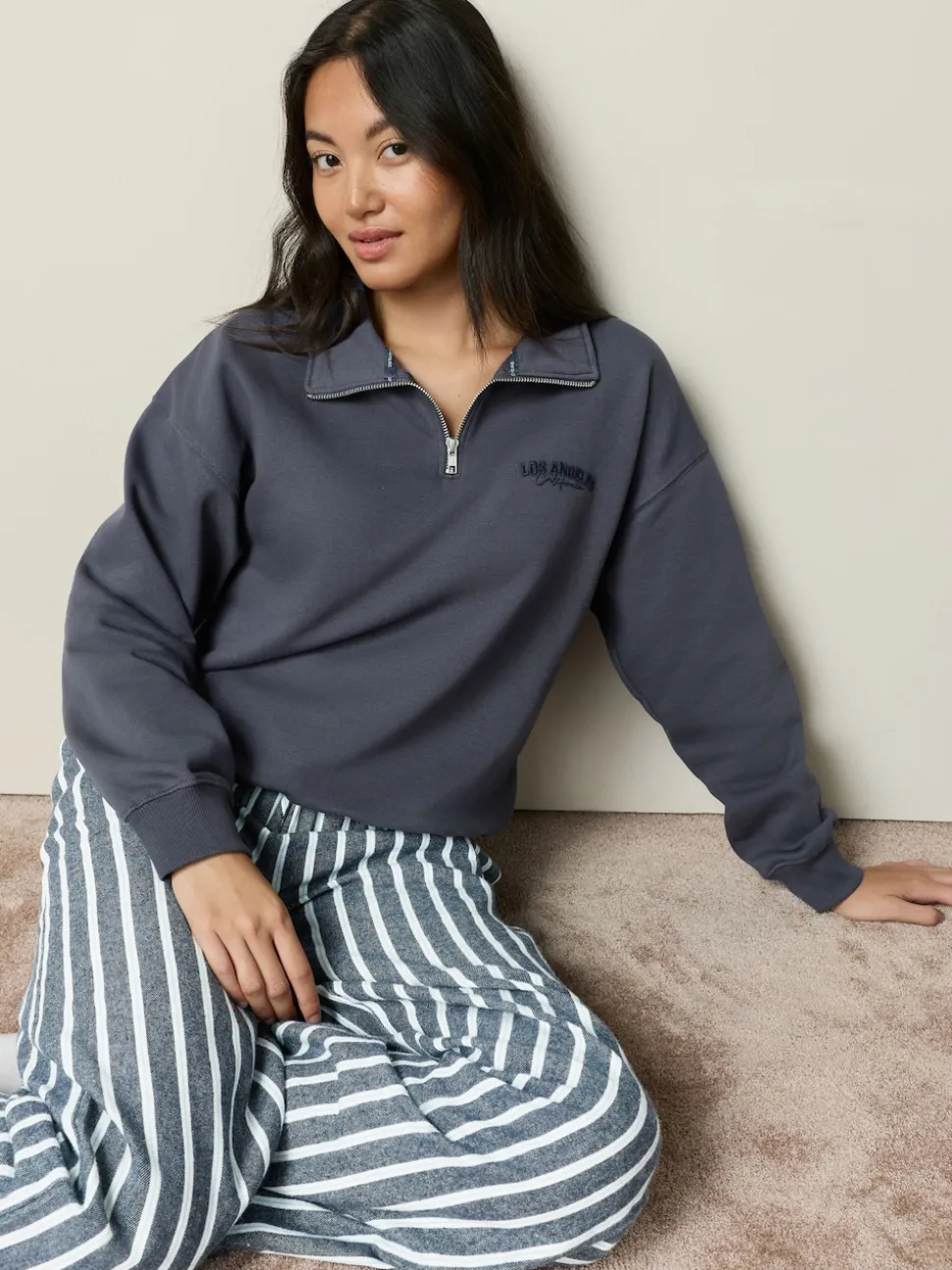 Navy Stripe Half Zip Sweatshirt and Flannel Pyjamas Set