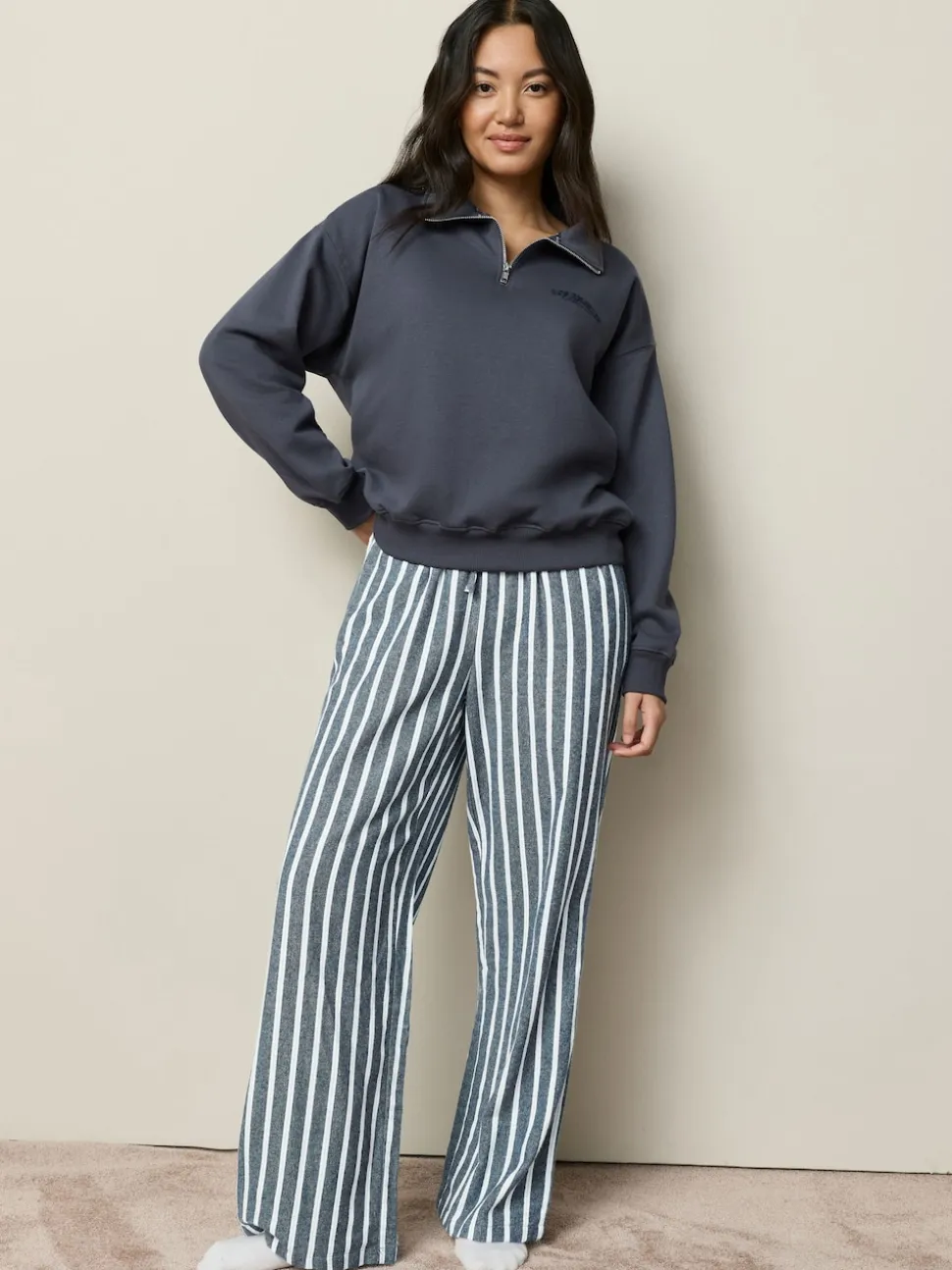 Navy Stripe Half Zip Sweatshirt and Flannel Pyjamas Set