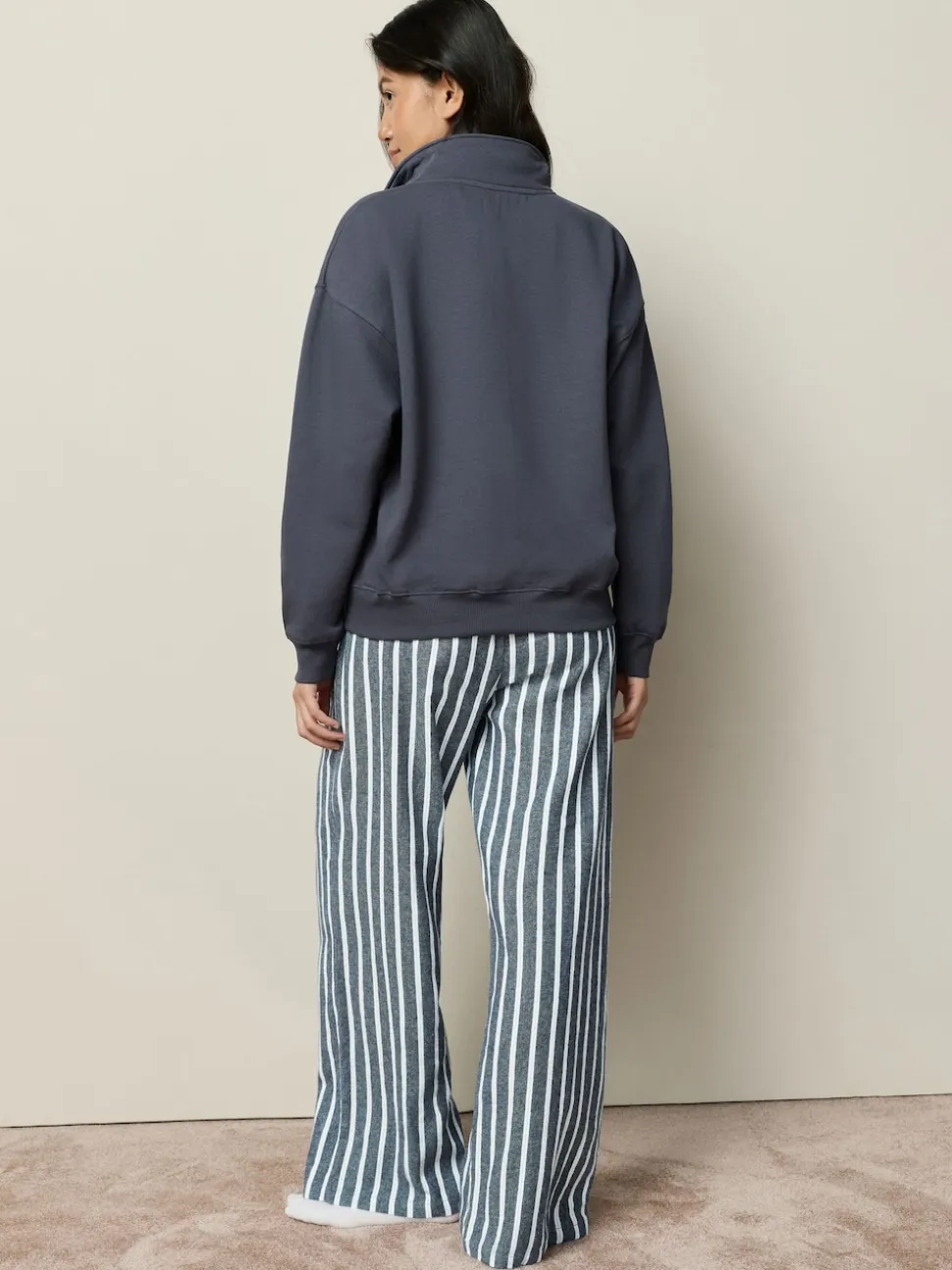 Navy Stripe Half Zip Sweatshirt and Flannel Pyjamas Set