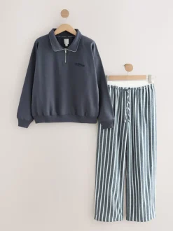 Navy Stripe Half Zip Sweatshirt and Flannel Pyjamas Set