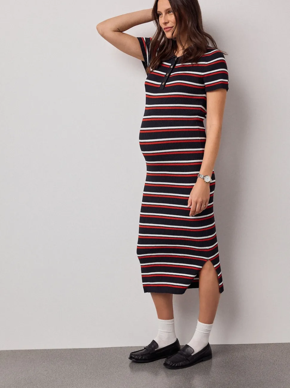 Navy Stripe Maternity Collared Knit Dress