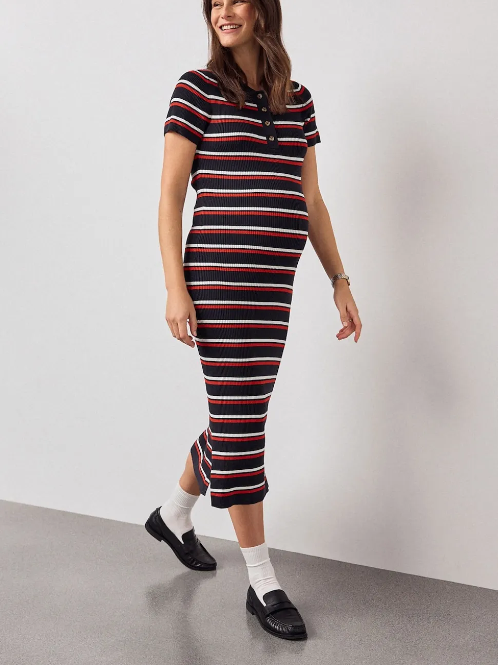 Navy Stripe Maternity Collared Knit Dress