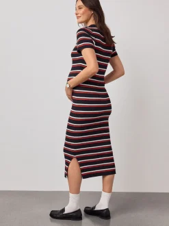 Navy Stripe Maternity Collared Knit Dress